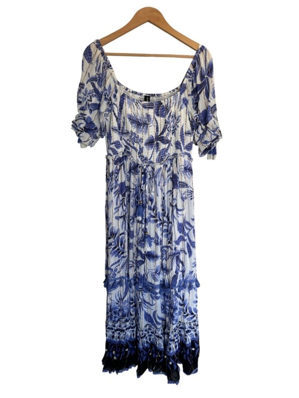 Me 2 Magic Anthropologie Sz M Blue Boho Metallic Tiered Dress Resortwear